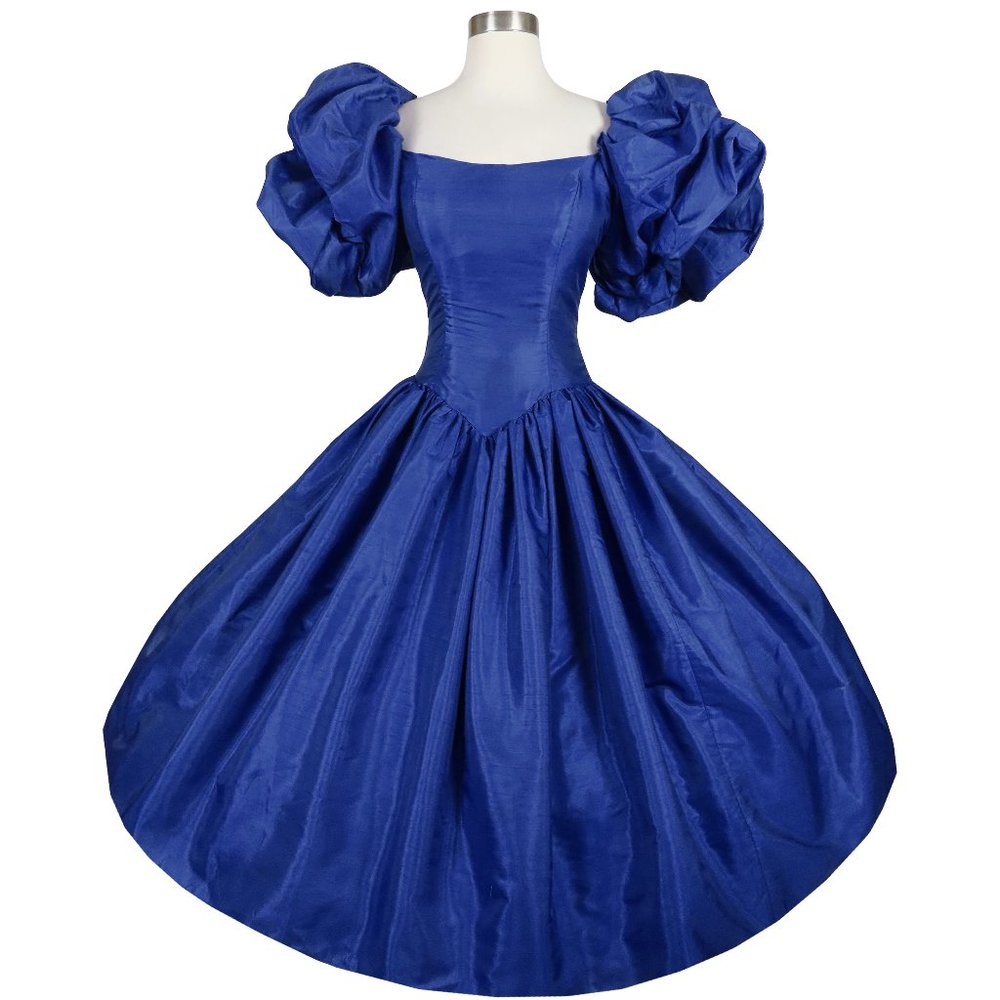 Vintage 80s Blue Bubble Puff Sleeve Princess Full Skirt Prom Party Dress Gown XS